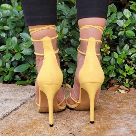 Suede Lace Up Yellow Vinyl Clear Sandals Heels - Picture 3 of 6